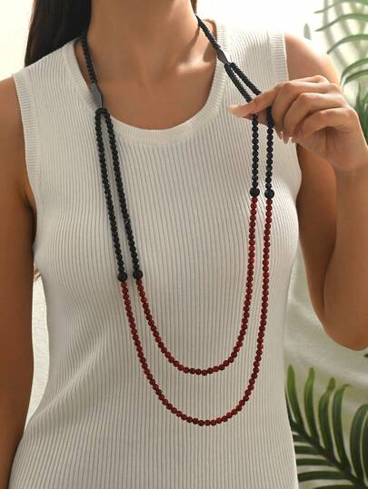 1pc Casual Fashion Black & Red Beaded Crossover Necklace/Sweater Chain, Suitable For Gift, Party, Everyday Wear