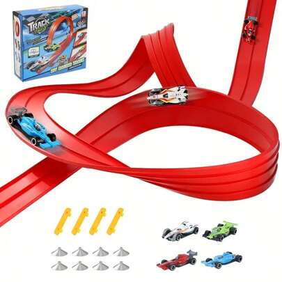 4M 灵活玩具车轨道，带 4 辆压铸玩具车、碰撞和跳跃隧道环路，适合男孩和女孩、生日、万圣节、圣诞节、感恩节礼物（随机颜色配件）