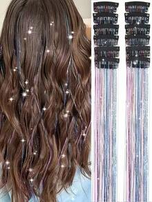 12 Pieces Clip-In Medium Straight Hair Synthetic Hair Clips, Fashion Party Christmas Gift Girls Blonde Hair Silk Hair Clips, Colorful Glitter Hair Clips, Dazzling Hair Accessories For Holiday Gift Party With Family And Friends.Bridal Veil, Valentine's Day Hair Accessories For Couples, Y2K Women's Hair Accessories - Multicolor - View 2