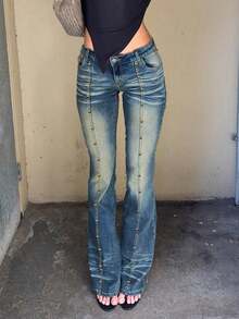 Women's Everyday Pocketed Vintage Fade-Washed Rivet-Embellished Flared Slim-Fit Denim Trousers - Rửa trung bình - Xem 4