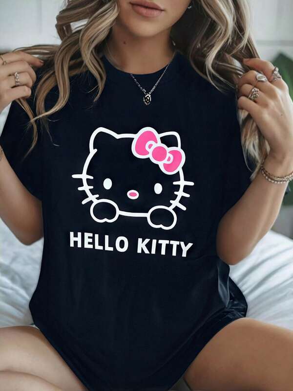 Sanrio 1 Pc Hello Kitty Printed Women's T-Shirt, Cartoon Black Round Neck Short-Sleeved Home Wear Top, Large Size Loose And Comfortable Couple Pajamas, Summer And Autumn Casual Vacation Clothes