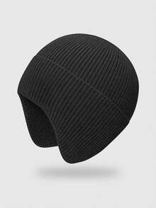 1PC Men's Winter Thick Knit Earflap Beanie Hat, Outdoor Cold-Proof Warm Headwear, Suitable For Autumn/Winter - Solid Color - View 7