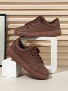 Women's Casual Lace-Up Sneakers, Streetwear Style, Solid Color Diamond Pattern Design, Lightweight EVA Sole, Suitable For Daily Wear And Outings, Women Shoes - Brown - View 3