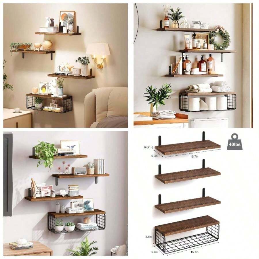 Estantes Flotantes Montados en la Pared - 5 PCS Repisas Flotantes - Estante de Pared, Capacidad de Carga 18 KG, 40* 15 Marrn Oscuro - Marrón oscuro - Ver 1