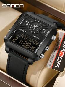 SANDA. SANDA 6265 男式方形模拟数字运动双显示石英表防水 LED 倒计时电子男表 - 黑色 - 查看 8