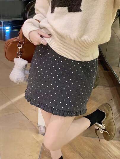 荷叶边波点A字羊毛混纺迷你裙，女士款，防走光，适合娇小身材，秋冬季（随机波点图案）