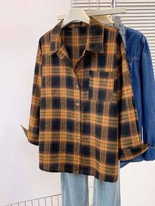 Camisa de franela a cuadros vintage para mujer con cuello de solapa, camisa chaqueta de manga larga con botones y bolsillo para uso casual en la oficina, el hogar y el uso diario en otoño, invierno y primavera - Marrón - Ver 4