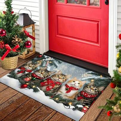 1 Christmas Cat Doormat - 4 Cute Red Scarf Cedar Branches Design, Durable 100% Polyester Machine Washable Indoor And Outdoor Holiday Decoration, Exclusive High-Quality Home Gift For Pet Owners, Seasonal Floor Mat