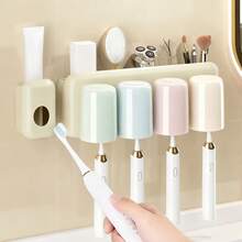 حامل فرشاة الأسنان المثبت على الحائط بدون ثقب مع كأس - منظم حمام لمعجون الأسنان وفرشاة الأسنان موفر للمساحة، شفاف، طقم حامل فرشاة الأسنان
