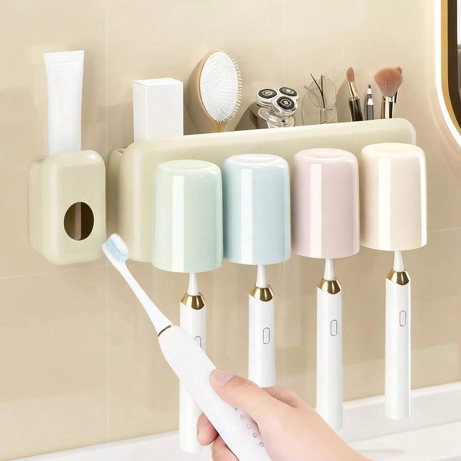 حامل فرشاة الأسنان المثبت على الحائط بدون ثقب مع كأس - منظم حمام لمعجون الأسنان وفرشاة الأسنان موفر للمساحة، شفاف، طقم حامل فرشاة الأسنان