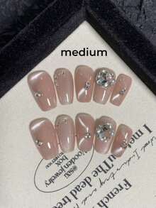 10PCS Pure Handmade Wearing Nail, Light Pink Trapezoidal Shiny Soft Cat Shaped With Diamond Studded Pressed Nails. Handmade Nail Patches Suitable For Daily And Date Wear, Detachable And Reusable. Comes With Jelly Glue And Rubbing Strips As Gifts