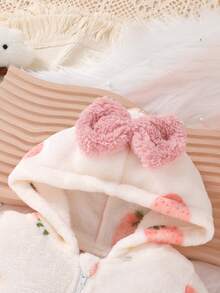 Casual Elegant Sweet Cute Baby Girl Clothes, Strawberry Print Bow Decor Fleece Hooded Zipper Front Jumpsuit, Soft & Comfortable Infant/Toddler Girl Outfit, Suitable For Daily, Vacation, Party, Outdoor - Multicolor - View 5