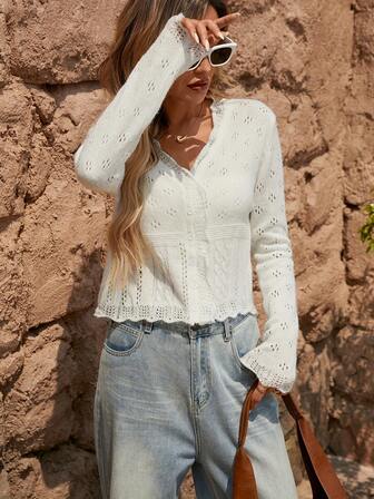 女式白色针织开衫，长袖，常规版型，V领，镂空设计，略有弹性，适合日常穿着