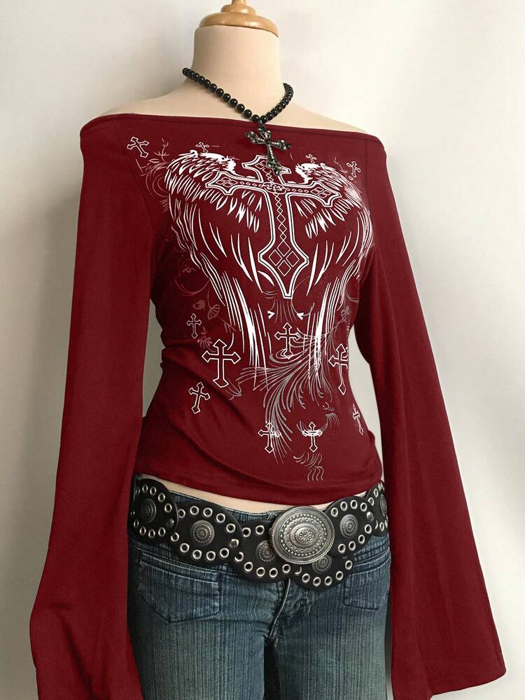 Top décontracté à manches évasées et épaules dénudées avec imprimé croix, style Y2K pour femmes