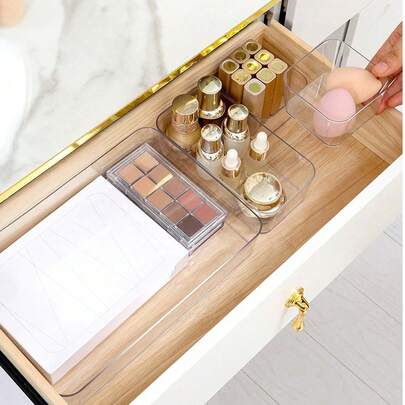 1/5/7/11/18件装化妆品收纳盒，透明抽屉收纳套装，7种尺寸梳妆台收纳盒，防滑塑料隔板，适用于化妆品、厨房用具、办公用品，易于清洁的家居收纳盒，多功能浴室梳妆台托盘，女士礼物，圣诞礼物，女士送礼佳品