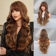 7JHH WIGS Tóc giả dài gợn sóng buông xõa màu vàng highlight có mái, tóc tổng hợp tự nhiên, chịu nhiệt, tóc giả uốn xoăn toàn thân màu vàng hoe dành cho nữ, sử dụng hàng ngày trong tiệc tùng, dài 30 inch - Vàng - Xem 12