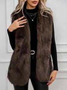 女士优雅仿毛皮无袖长款背心，纯色常规款开衫背心，女士冬季度假服装 - 咖啡棕 - 查看 9