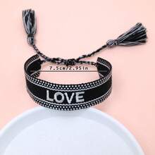 1 pieza Pulsera trenzada con borlas, bordada a mano con carta de amor, estilo bohemio - Negro - Ver 6