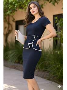 Red White Midi Dress With Bow And Bow, Wholesale Promotion - Navy Blue - View 2
