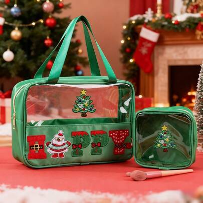 2-Piece/Set Christmas Theme Happy/Love Makeup Bag, Multifunctional PVC Cosmetic Bag, Travel Makeup Bag With Zipper For Women, Suitable For Travel, Gym, Beach, Halloween And Travel Storage Bag, Vacation Organizer, Large Capacity Makeup Organizer For Makeup, Lipstick, Brushes, Skincare, Phone, Coins, Small Items, Home, Vacation And Festival Halloween Multifunctional Use