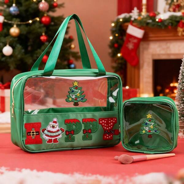2-Piece/Set Christmas Theme Happy/Love Makeup Bag, Multifunctional PVC Cosmetic Bag, Travel Makeup Bag With Zipper For Women, Suitable For Travel, Gym, Beach, Halloween And Travel Storage Bag, Vacation Organizer, Large Capacity Makeup Organizer For Makeup, Lipstick, Brushes, Skincare, Phone, Coins, Small Items, Home, Vacation And Festival Halloween Multifunctional Use