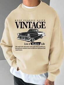 Herren Lässiger Street Vintage Auto Grafik Muster Rundhals Pullover Sweatshirt, Langarm Oberteil