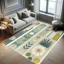 Retro Mid Century Abstract Pattern Rug On Ivory Background, Dark Orange And Reseda Green, 4' X 5' 5", Ideal For Bedroom, Dorm And Living Room - 小鹿藍綠色 - 查看 1