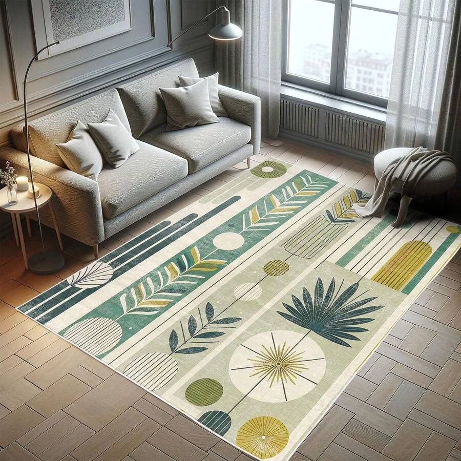 Retro Mid Century Abstract Pattern Rug On Ivory Background, Dark Orange And Reseda Green, 4' X 5' 5", Ideal For Bedroom, Dorm And Living Room - 小鹿藍綠色 - 查看 1