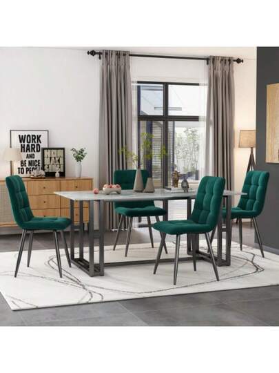 Dining Room Stoel (4 Pcs), Dark Green, Set Of Upholstered Backrest, Seat Made Velvet, Frame Metal