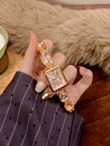 1pc Women's Shiny Quartz Watch, Square Shaped, Fashion Casual Versatile, Suitable For Daily Wear, Available In Pink/Gold/Black - Pink - View 2