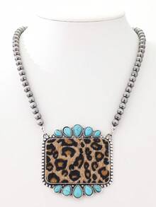 1pc Bohemian Style Leopard Print Leather Geometric Turquoise Pendant Necklace, Women - Necklace - View 14
