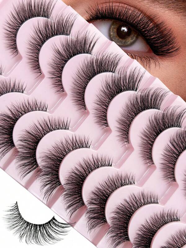 Hinarin 10 Paar Katzenaugen-Wimpern mit transparentem Band, lange dramatische falsche Wimpern, natürliches Ende, verlängernde Wimpernstreifen, wischig, flauschig, voluminös, Fuchsaugen-Fake-Wimpern für Make-up Vorräte