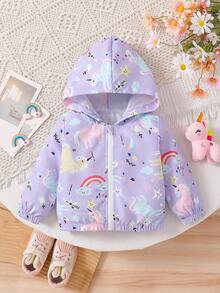 女婴可爱连帽卡通长袖拉链彩虹动物印花轻薄外套，适合日常外出，春秋季