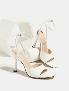 女士高跟凉鞋，时尚派对、T台、约会、校园、聚会鞋，白色细高跟鞋，方头，可调节绑带，露趾，亮面材质，优雅，适合圣诞节，时尚高跟舞鞋 - 白色 - 查看 7