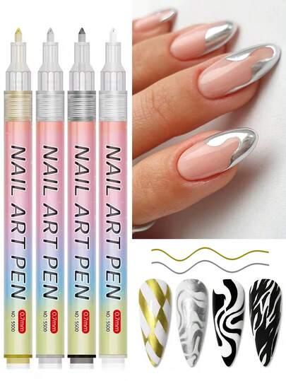 FULL BEAUTY 4 Bút đánh dấu nghệ thuật làm móng Chrome khô nhanh chống thấm nước, sơn kim loại vàng bạc đen trắng, bút vẽ graffiti, sơn gel UV, thiết kế tự làm, đường nét trừu tượng, nghệ thuật làm móng bằng acrylic, dụng cụ làm móng, đồ dùng làm móng