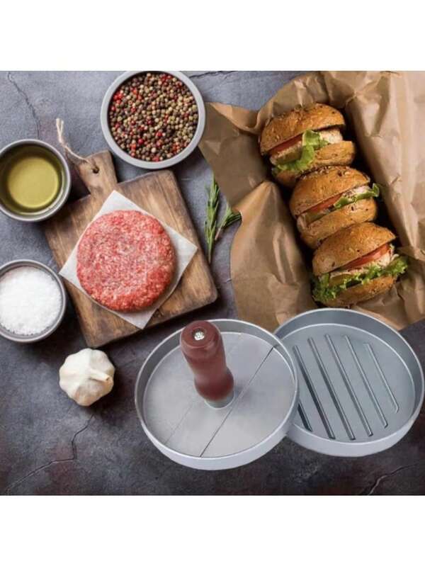 Aluminum Alloy Wooden Handle Hamburger Meat Patty Maker, Round Burger Press Mold, Kitchen Hamburger Meat Patty Mold
