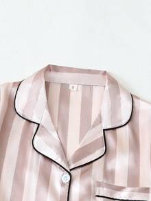 2pcs Satin Striped Short Sleeve Collared Top And Bow Tie Striped Shorts Pajama Set For Women, Summer - Grey - View 3