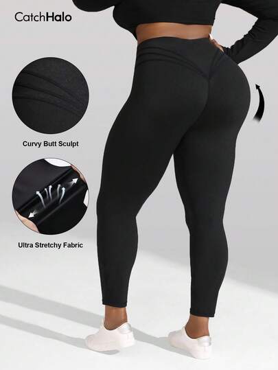 1 Stück Leggings in Große Größen, schwarze hochsitzende Po-formende Kontur, 4-Wege-Stretch Anti-Verformung Bauchkontrolle, für Yoga Fitness Laufen Alltag Lässig Herbst Winter Aktiv Unterteil