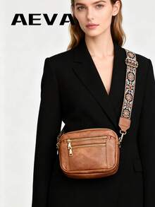 Bolso cuadrado simple de unicolor para mujer, con correa de hombro ajustable, bolso cruzado multifuncional con esquemas de color europeos y americanos, impermeable y antirrobo, diseño de múltiples bolsillos y capas, 4 ranuras para tarjetas, portátil y práctico, adecuado para salidas, citas, compras y otras ocasiones. - Marrón - Ver 7