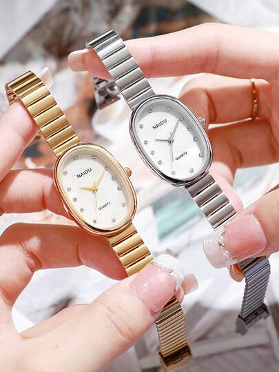 1 Peça Relógio de Pulso Oval Vintage, Mostrador de Cristal Delicado Falso de Concha, Design Elegante para Mulheres, Pulseira de Aço com Textura de Bambu