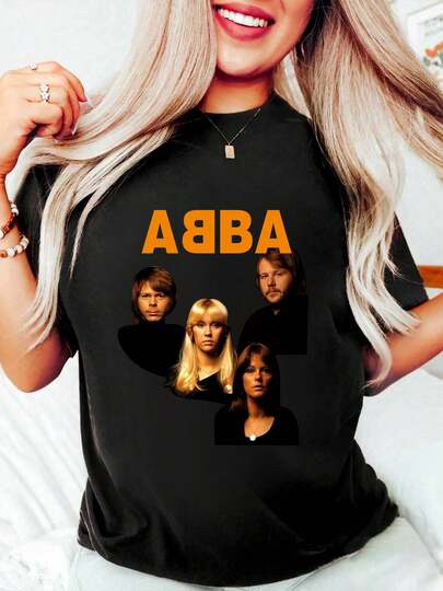 100% Cotton Abba Band Members On Black Shirt Round Neck Short Sleeve T-Shirt Women's Men's Graphic Tee