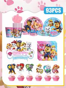 Paw Patrol Paw Patrol Party Zubehör Einweg-Dekorations-Geschirr Set, Paw Patrol Geschirr, Pappteller, Pappbecher, Servietten, Fahnen zum Aufstellen, Party Event Foto Dekorations-Zubehör, Geburtstags-Party und Feiertags-Party Einweg-Geschirr, geeignet für Familientreffen, Familienreunionen, Gender Reveal Party Events, Halloween, Erntedankfest, Valentinstag, Weihnachten, Schulanfang, Muttertag