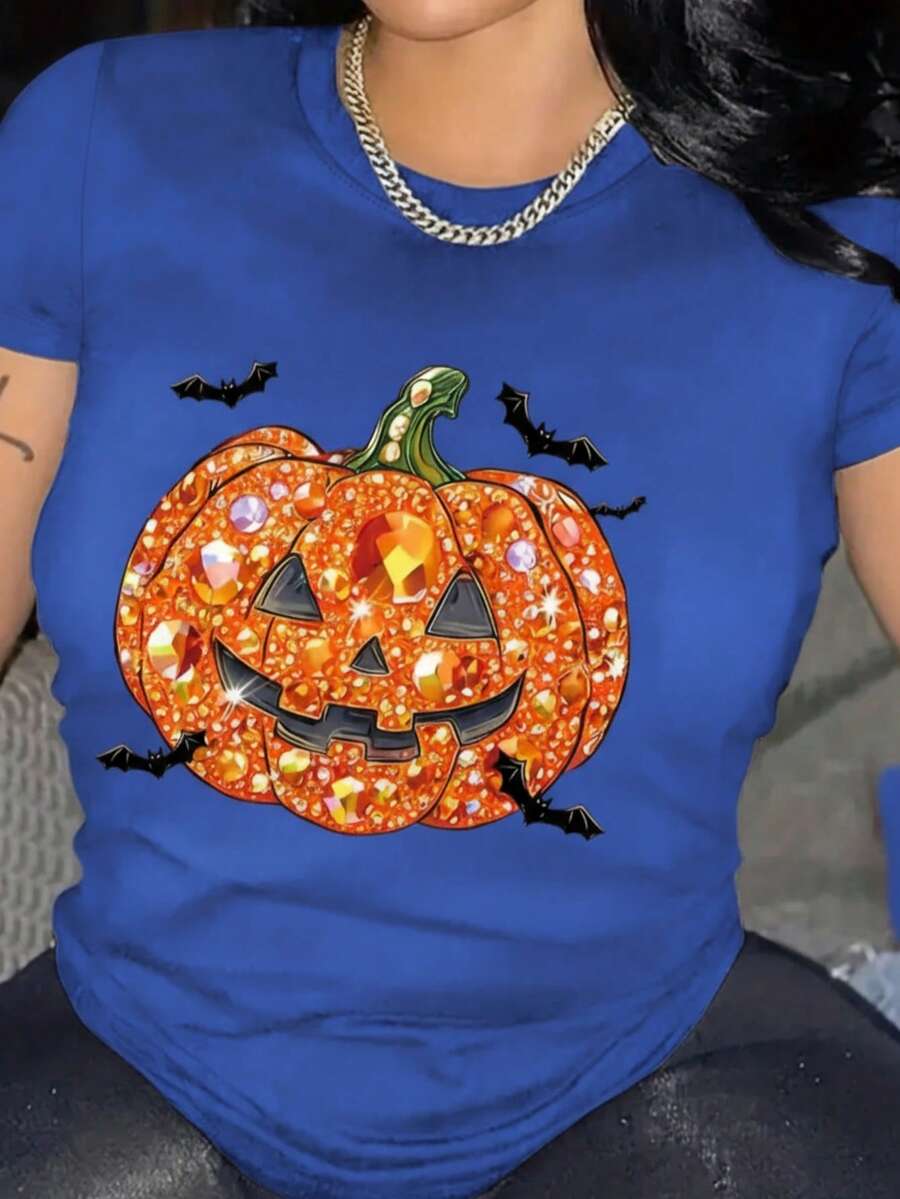 Camiseta playera gráfica dama mujer manga corta cuello redondo casual cómoda fresca ligera moderna juvenil corte regular estampado calabaza brillos imitación strass diamantes murciélagos - azul real - Ver 1