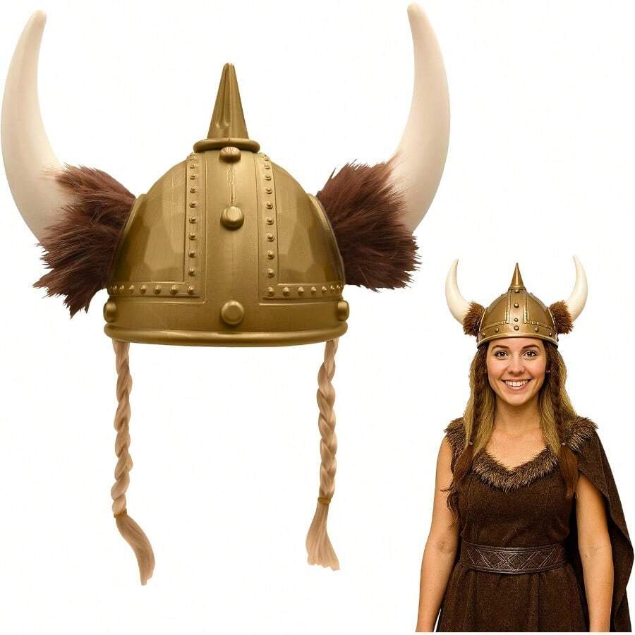 Nicky Bigs Novelties Viking Helmet With Horns Adult Plastic Norse Barbarian Warrior Hat Medieval Halloween Costume Accessorygift - VikingHelmetWithHairBraids - View 1