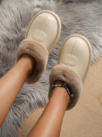 Women's Casual Slip-On Slippers With Thick Soles, Warm Thermal Lining, Comfortable, Anti-Slip, Shock-Absorbing, Suitable For Indoor Wear In Autumn/Winter
