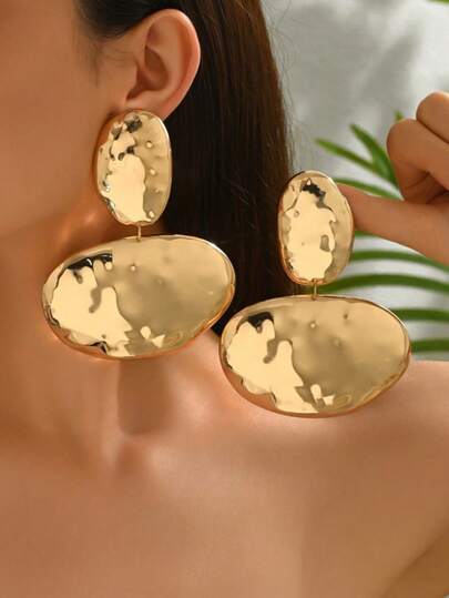 1 Pair ​Hammered Texture Geometric Gold Earrings, Large Asymmetrical Shape Dangle Earrings For Everyday Wear​