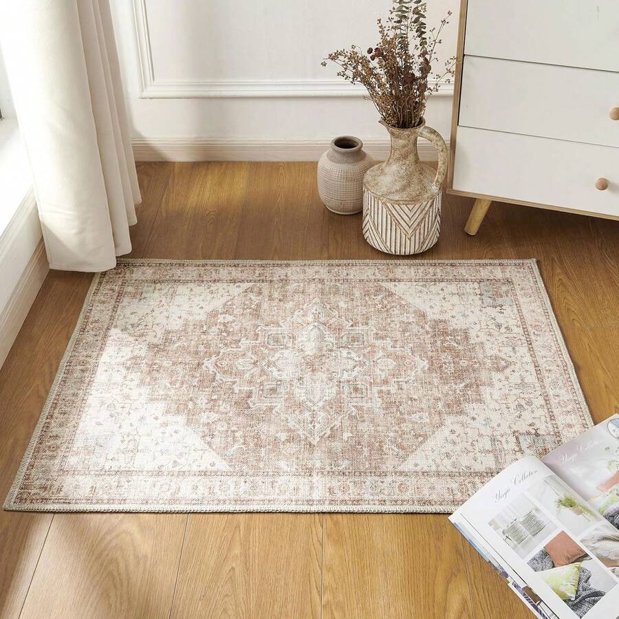 5x7 Washable Boho Neutral Vintage Rustic Earth Tone Area Rug With Rust Terracotta Pattern For Living Room, Dining Room, Bedroom - Light Tan Brown Beige, Modern Farmhouse Style - Coffee/Rust Brown - View 1