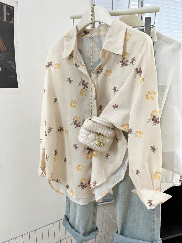 Camisa de mujer de estilo coreano para otoño e invierno, Acción de Gracias, estilo casual bohemio, de vacaciones en la playa, estilo universitario lindo, estilo de bosque, camisa de mujer con botones estampados, atuendos de mujer para la iglesia, chaqueta fina de manga larga con protección solar, colección de ropa elegante, blusas elegantes para mujer, ropa beige para Año Nuevo, blusas elegantes para mujer