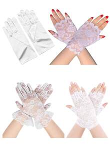 4 双 D EXCEED 女士 20-50 岁短款缎面手套和短款蕾丝露指手套 – 适合下午茶、派对、舞会、歌剧晚会、母亲节礼物、生日礼物 - 彩色 - 查看 5
