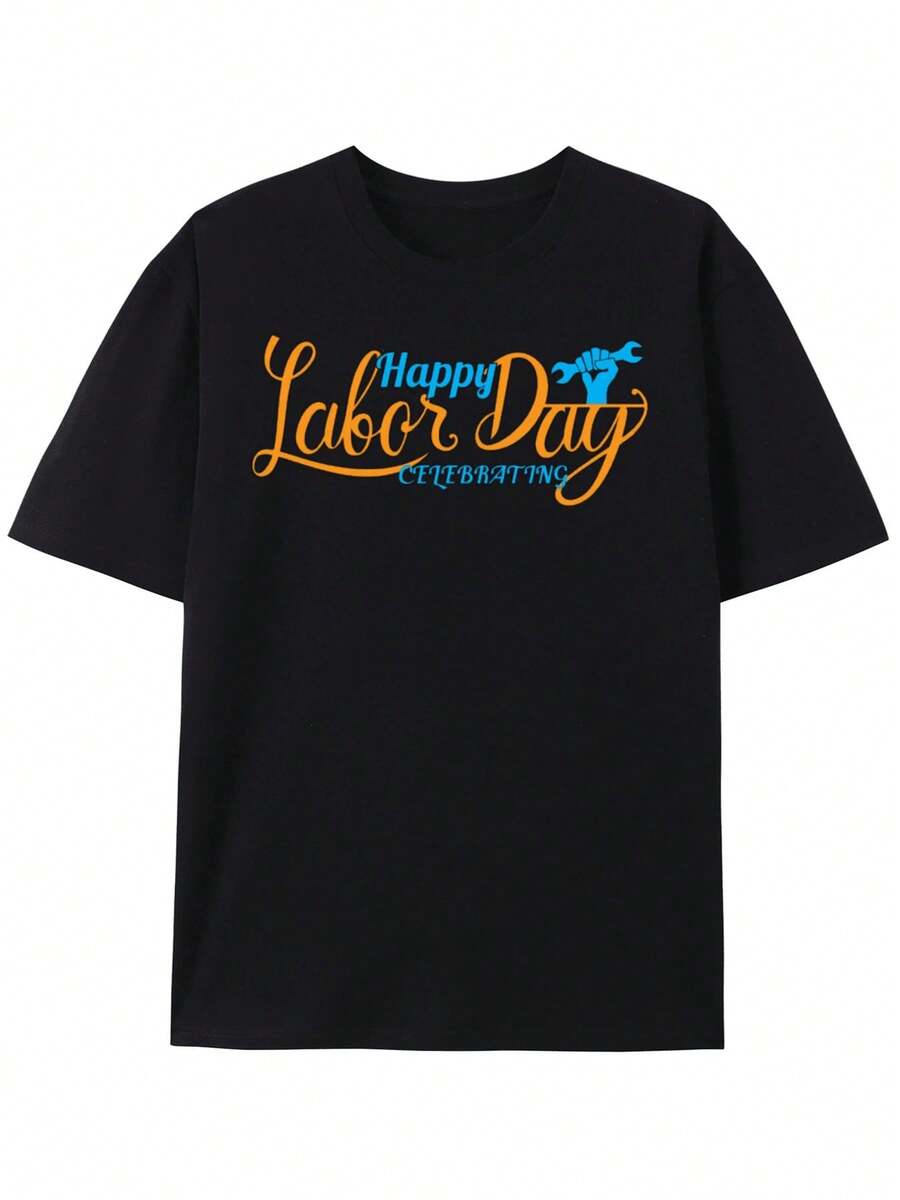 Camiseta Feliz Día del Trabajo Celebración Camiseta Gráfica, Patrón de Impresión Creativa - Negro - Ver 1